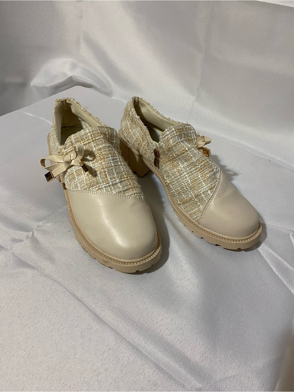 Neutral Cream Tweed & Leather Block Heel Loafers